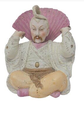 Antique 1890 Conte Boehm German Bisque Porcelain Asian Man Fan Nodder Figurine
